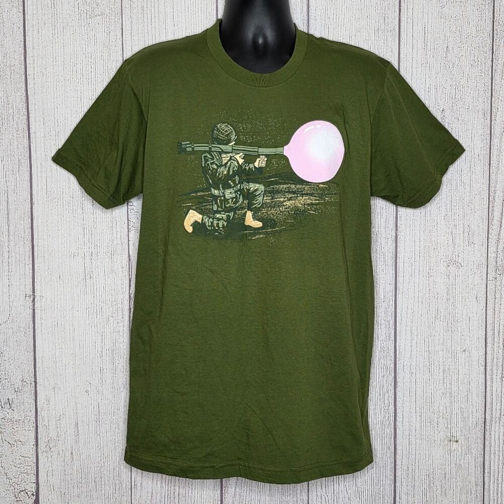 Army Green Funny Soldier Bubblegum Bazooka Graphic Tee Shirt.Woot, sz Large